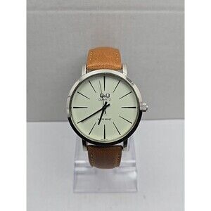 Q & Q Quartz Mens 42mm Watch Brown Strap New Battery 30m Water Resistant Classic